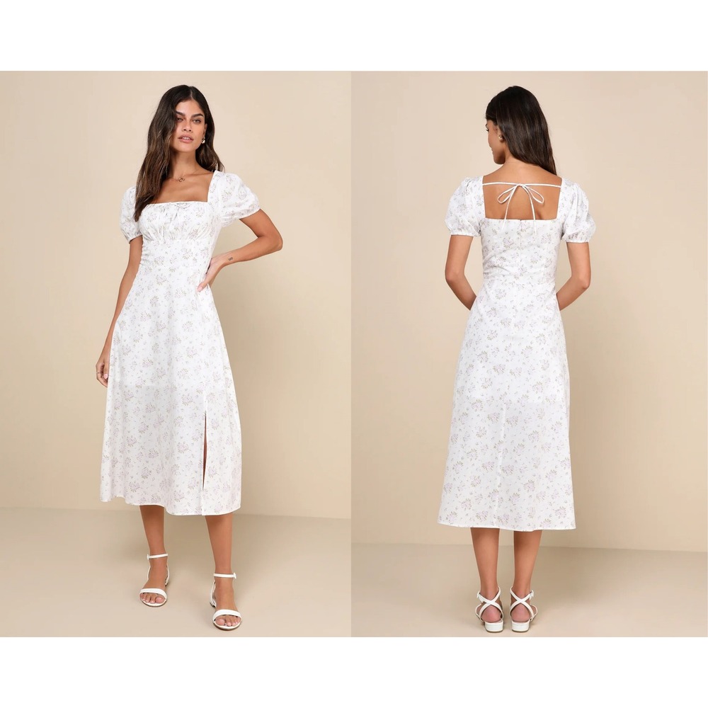 Lulus Darling Appeal White Floral Puff Sleeve Empire Waist Midi Dress Size XS